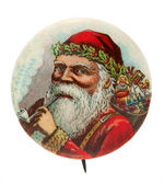 SANTA WITH PIPE AND SMOKE READING "A MERRY CHRISTMAS" BUTTON.