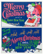 BRIGHTLY COLORED CHRISTMAS STORE SIGNS WITH GLITTER ACCENTS.