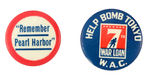 TWO RARE BUTTONS SPAN THE BOMBING OF PEARL OF HARBOR TO THE BOMBING OF TOKYO.