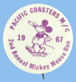 MICKEY MOUSE 1930s IMAGE ON 1967 BUTTON TO COMMEMORATE "PACIFIC COASTERS" MOTORCYCLE CLUB RIDE.