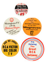 EARLY TELEVISION SET ADVERTISING BUTTONS FOR BOTH BW AND COLOR MODELS.