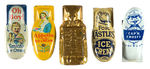 FIVE LITHO TIN CLICKERS ADVERTISING ICE CREAM.