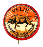 "VELIE BRAND" RARE BUTTON FROM KANSAS MAKER OF CARRIAGES, SADDLES, AUTOMOBILES AND AIRPLANES.