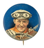 "KEEP HAPPY" GRAPHIC AUTO DRIVER BUTTON PROMOTING "US" TIRES BY U.S. RUBBER CO.