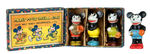 "MICKEY MOUSE BASEBALL STARS" 3-PIECE BOXED BISQUE SET PLUS 4TH BISQUE.