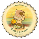 ART NOUVEAU DUTCH GIRL MIRROR/PIN HOLDER "COMPLIMENTS OF WOLFE'S SCHNAPPS."