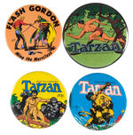 FLASH GORDON AND TARZAN FOUR LARGE LIMITED ISSUE BUTTONS FROM THE 1970s.