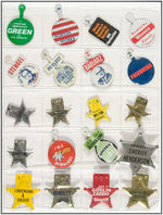 LIFETIME COLLECTION OF 507 LITHO TIN TABS PRIMARILY POLITICAL RELATED.