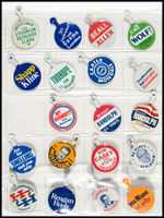 LIFETIME COLLECTION OF 507 LITHO TIN TABS PRIMARILY POLITICAL RELATED.