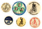 FIVE SCARCE BICYCLE BUTTONS PLUS LAPEL STUD.