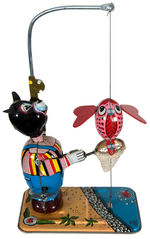 BEAR WITH FISH JUMPING IN AND OUT OF NET TIN WIND-UP TOY BY TPS.