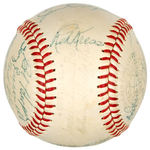 1955 CLEVELAND INDIANS SIGNED BASEBALL WITH 28 SIGNATURES.