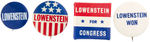 ALLARD LOWENSTEIN VIETNAM WAR OPPONENT FOUR CAMPAIGN BUTTONS FROM THE LEVIN COLLECTION.