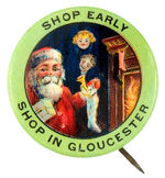 EARLY BUTTON DEPICTS CHILDREN SPYING ON SANTA AS HE HANGS STOCKING.