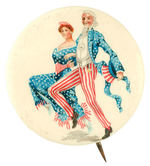 UNCLE SAM MARCHING ARM-IN-ARM WITH MISS LIBERTY CLASSIC BUTTON.