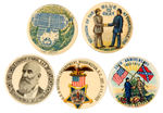 FIVE EARLY G.A.R. BUTTONS PLUS 1913 GETTYSBURG 50TH ANNIVERSARY.