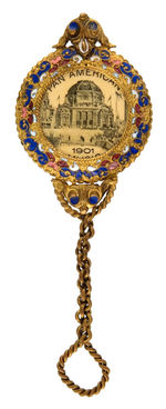 "PAN AMERICAN 1901" ENAMEL AND BRASS HAND MIRROR WITH CELLO INSERT.