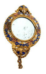 "PAN AMERICAN 1901" ENAMEL AND BRASS HAND MIRROR WITH CELLO INSERT.