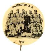 "WILMINGTON, A.A. 1902" BASEBALL TEAM INCLUDING YOUNG BLACK BOY AND GOAT PHOTO BUTTON.