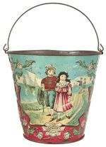 1890s CHILDS TIN SAND PAIL WITH RELIEF GRAPHICS.