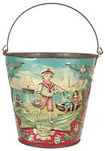 1890s CHILDS TIN SAND PAIL WITH RELIEF GRAPHICS.