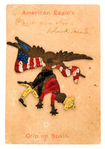 "SPANISH AMERICAN WAR" CARDED PIN WITH EAGLE HOLDING SPANISH KING IN TALONS.
