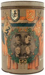 FDR, CHURCHILL, STALIN, CHIANG KAI-SHEK LARGE TIN CANISTER TO MARK 1945 END OF WWII.