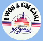 DISNEYLAND 30TH ANNIVERSARY "I WON A GM CAR!" BUTTON FROM HAKE COLLECTION AND CPB.