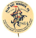 ROBED KLANSMAN HOLDS BURNING CROSS ON ROBED "KKK" HORSE SERIALLY NUMBERED BUTTON FOR "KLAN DAY."