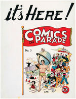 "COMICS ON PARADE" NEWSSTAND SIGN WITH TARZAN LEADING PARADE OF COMIC STRIP CHARACTERS.