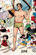 "COMICS ON PARADE" NEWSSTAND SIGN WITH TARZAN LEADING PARADE OF COMIC STRIP CHARACTERS.