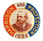 "HARRISON AND PROTECTION 1892" CLASSIC LITHO PINBACK.