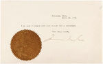 "JAMES M. COX" AUTOGRAPH AS GOVERNOR WITH OHIO GOLD FOIL SEAL FROM HIS PRESIDENTIAL NOMINATION YEAR.