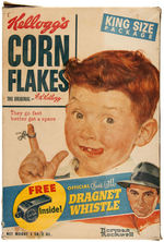 KELLOGG'S CORN FLAKES CEREAL BOX & "OFFICIAL JACK WEBB DRAGNET WHISTLE" PAIR.