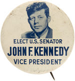 "ELECT U.S. SENATOR JOHN F. KENNEDY VICE PRESIDENT" 1956 LITHO BUTTON.