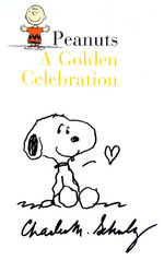 CHARLES SCHULZ SIGNED "PEANUTS - A GOLDEN CELEBRATION" BOOK WITH SNOOPY SKETCH.