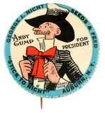 "ANDY GUMP FOR PRESIDENT" LARGE 1924 ADVERTISING BUTTON.