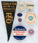 REO CAR COLLECTION OF FELT PENNANT, FIVE BUTTONS, ENAMEL PIN AND LAPEL STUD.