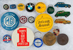 FOREIGN CARS GROUP OF 19 BUTTONS, STUDS, PINS AND RELATED.