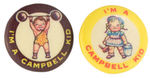 “I’M A CAMPBELL KID” TWO OF FOUR SCARCE SERIES BUTTONS CIRCA 1940s.