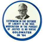 GOLDWATER FAMOUS "EXTREMISM" QUOTATION BUTTON HAKE #10.