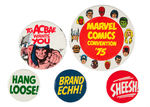 MARVEL BULL PEN, '75 CONVENTION, TGACBAE BUTTON LOT OF 5.