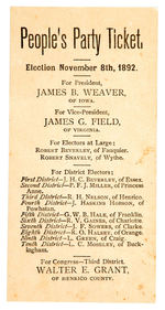 “PEOPLES PARTY TICKET” FOR JAMES B. WEAVER PRESIDENT 1892.