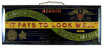 “ASSOCIATED MASTER BARBERS OF AMERICA IT PAYS TO LOOK WELL” EMBOSSED TIN SHOP SIGN.