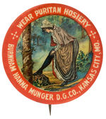 “WEAR PURITAN HOSIERY” SUPERB COLOR BUTTON CIRCA 1900.