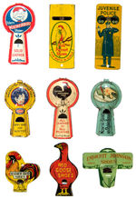 EIGHT LITHO TIN WHISTLES ADVERTISING SHOES PLUS ONE “JUVENILE POLICE.”