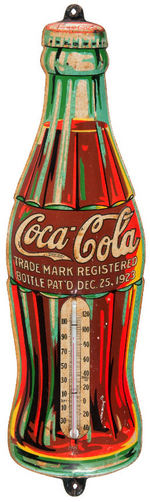 "COCA-COLA" EMBOSSED FIGURAL BOTTLE TIN LITHO THERMOMETER.