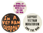 THREE SCARCE ANTI-VIETNAM WAR BUTTONS.