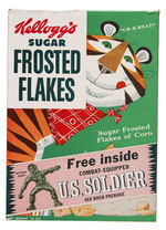 KELLOGG'S "FROSTED FLAKES" CEREAL BOX WITH "U.S. SOLDIER" PREMIUM FIGURE OFFER & FIGURE LOT.