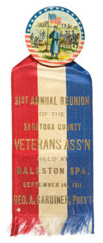 CIVIL WAR VETERANS SUPERB COLOR BUTTON WITH RIBBON FOR 1911 EVENT.